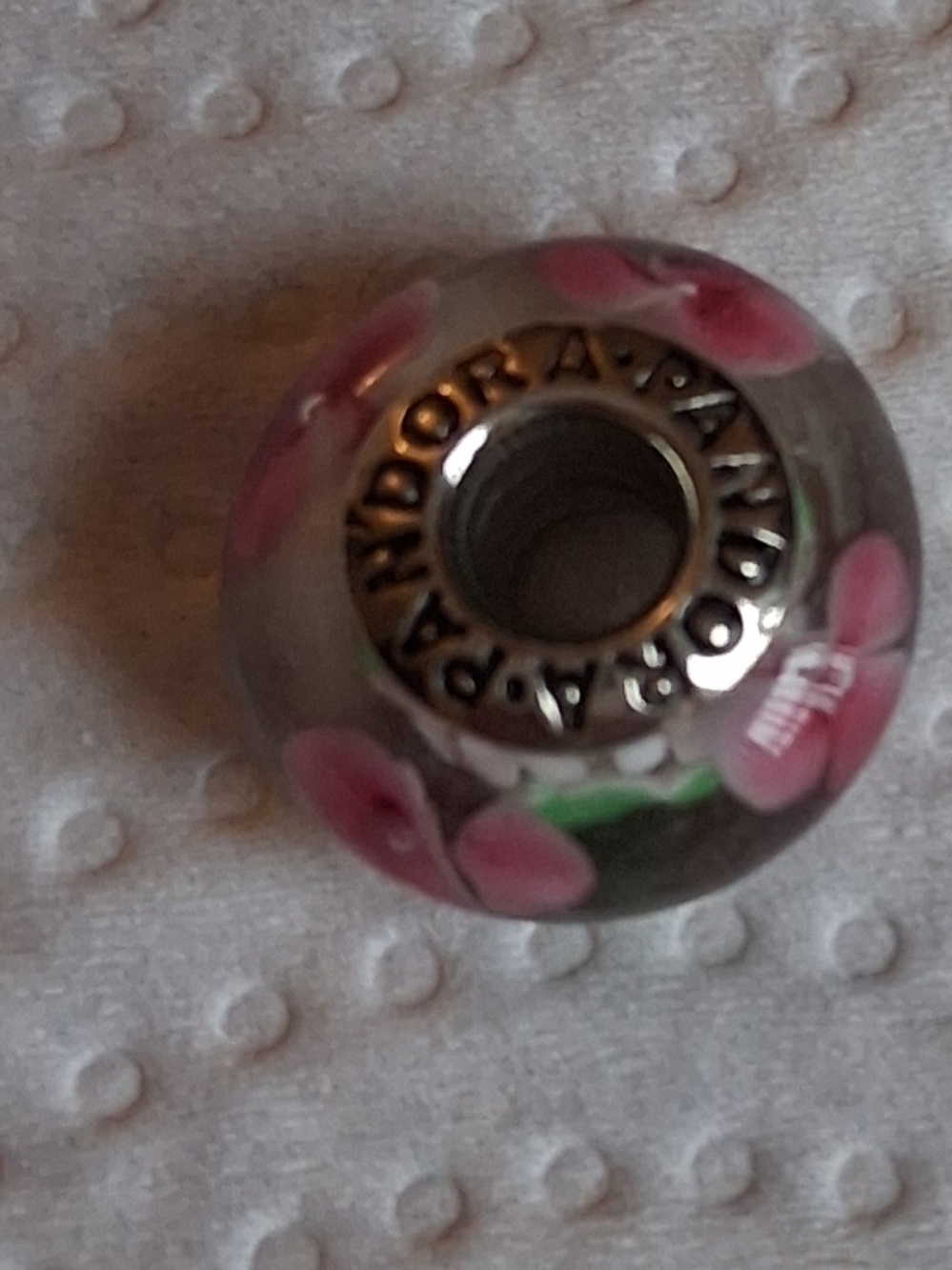 Pandora Gray Glass Charm with Pink Flowers